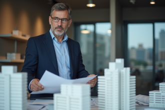 Architecte homme examinant des plans dans un bureau moderne
