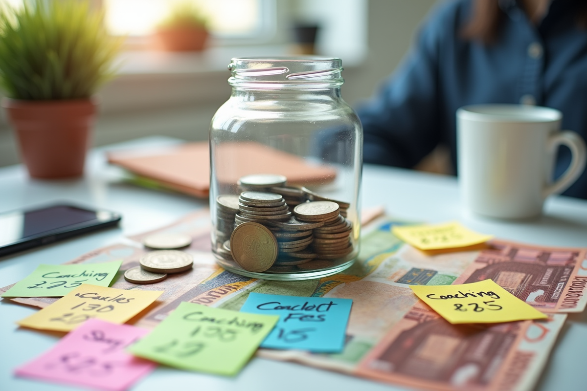 Argent en euros et notes autocollantes sur coaching et tarifs