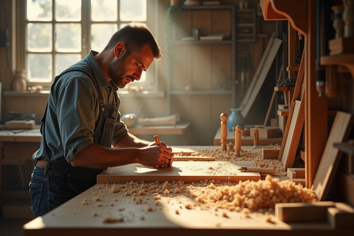 Artisan menuisier travaillant dans un atelier ensoleille