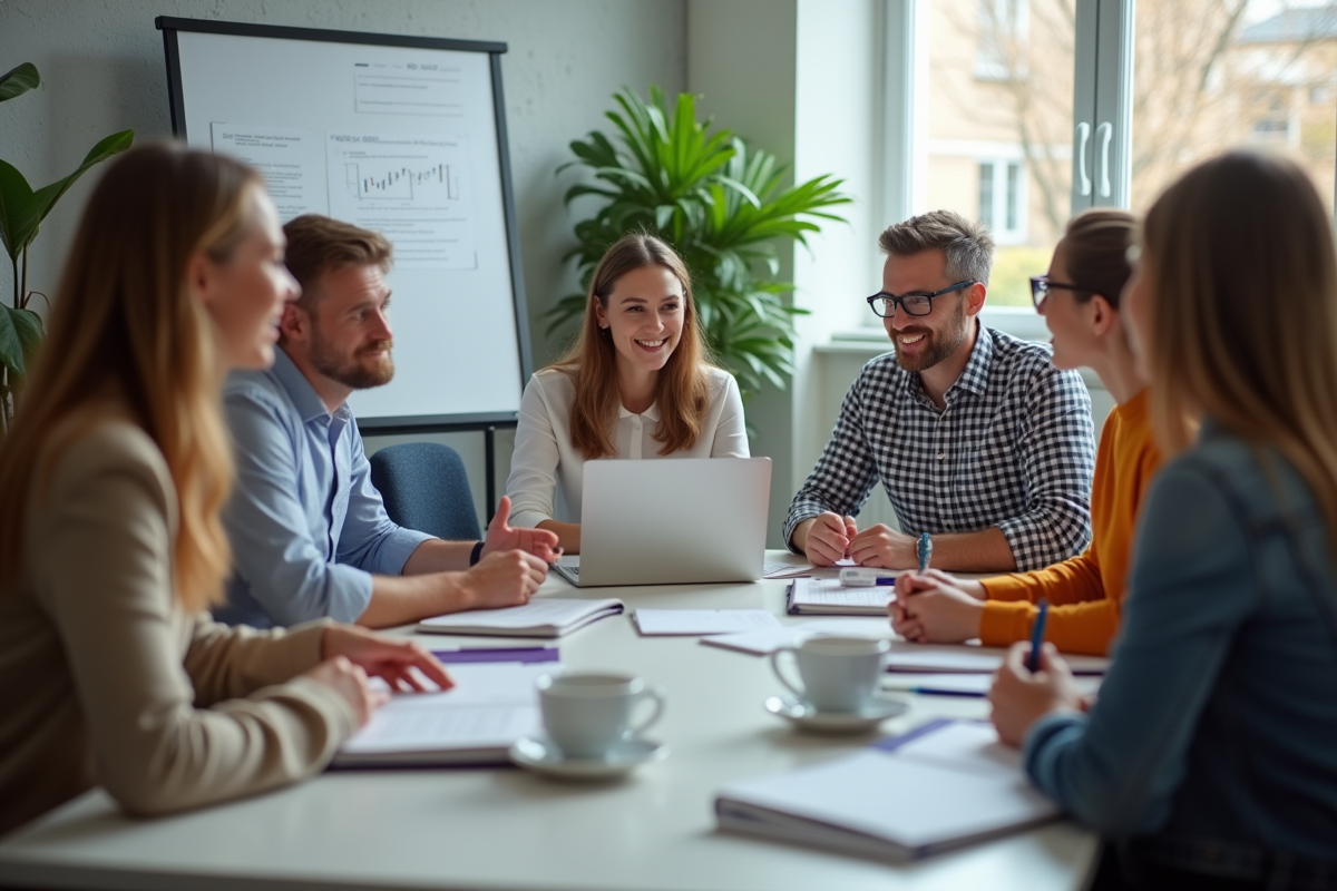 Groupe diversifié en atelier collaboratif avec facilitateur