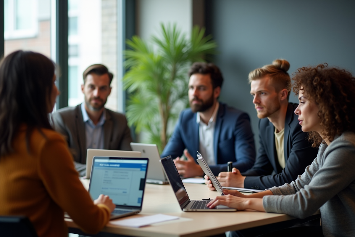 Adultes en atelier interactif dans une salle moderne lumineuse
