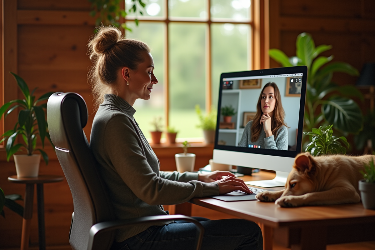 Femme en visioconference dans un bureau cosy avec chien et jardin visible