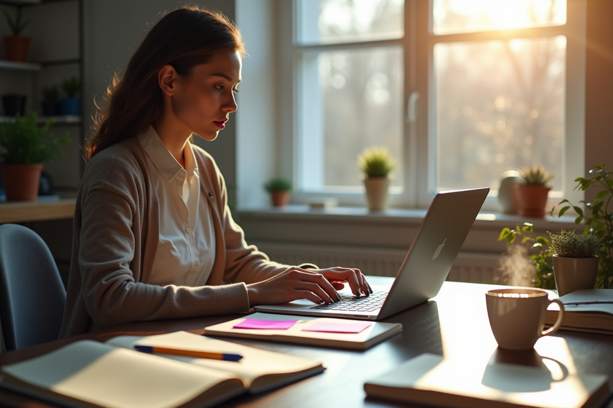 Personne travaillant sur un bureau moderne avec ordinateur et café