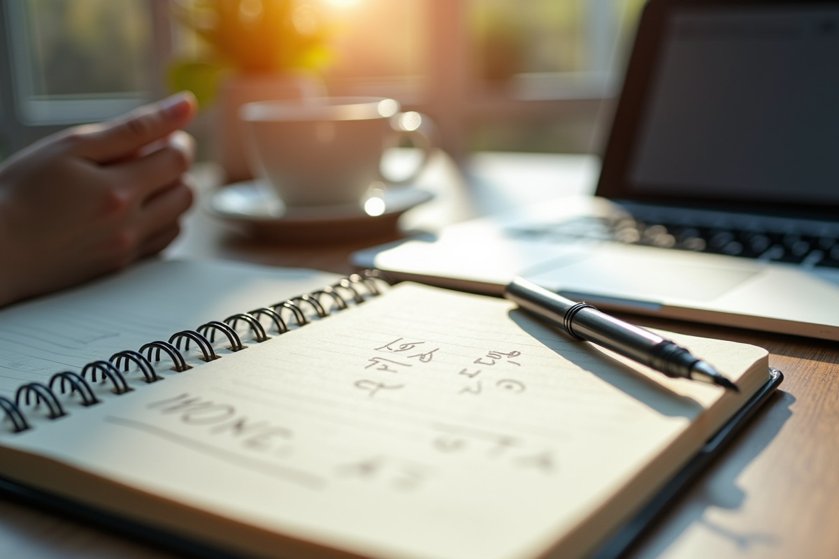 Carnet ouvert avec notes et tablette en workspace