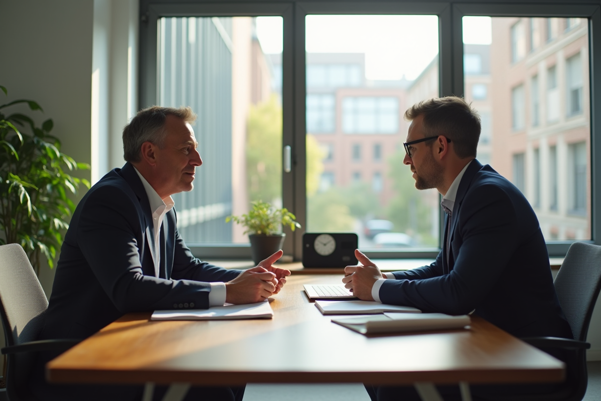 Coach professionnel et client dans un bureau moderne discutant