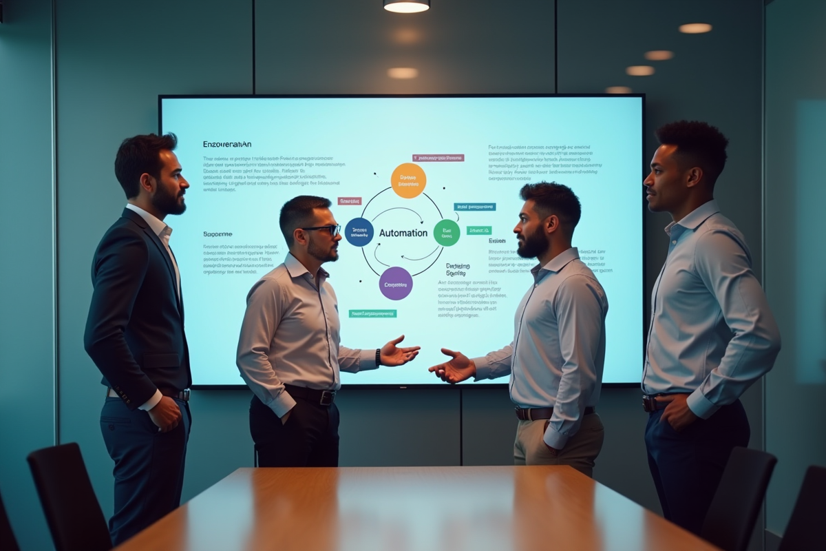 Trois professionnels discutant devant un tableau de flowchart