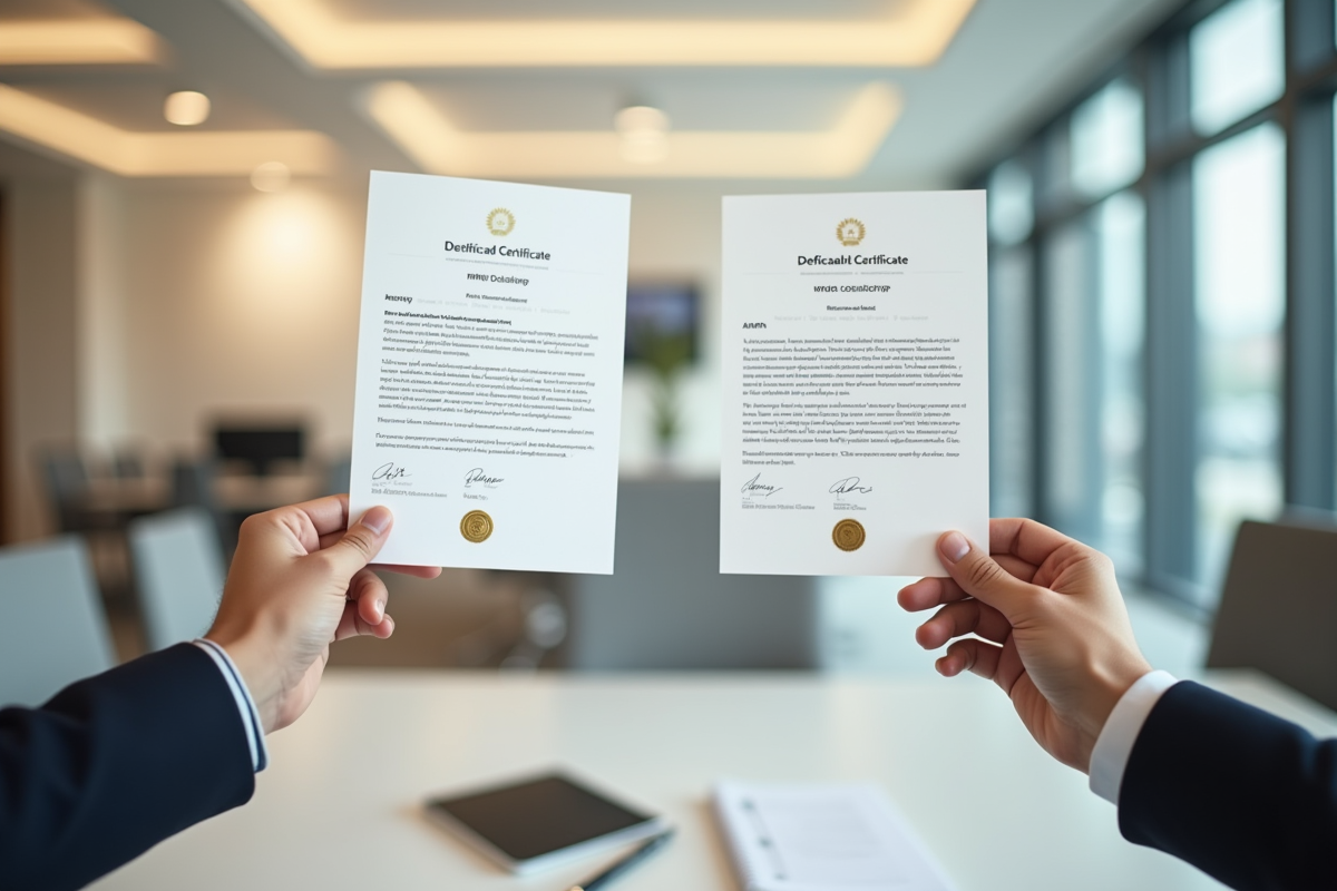 Deux mains tenant des certificats RS et RNCP côte à côte dans un espace moderne