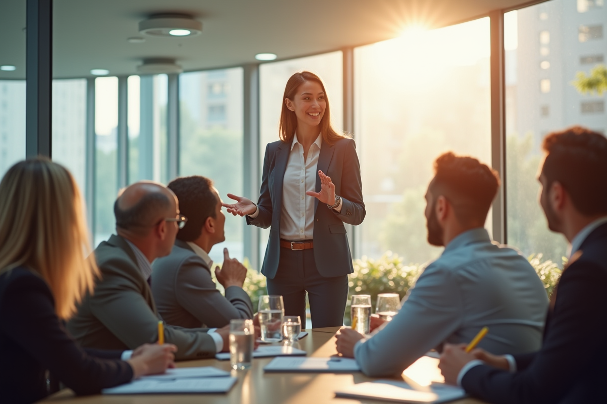 Femme confiante donnant une présentation en salle lumineuse
