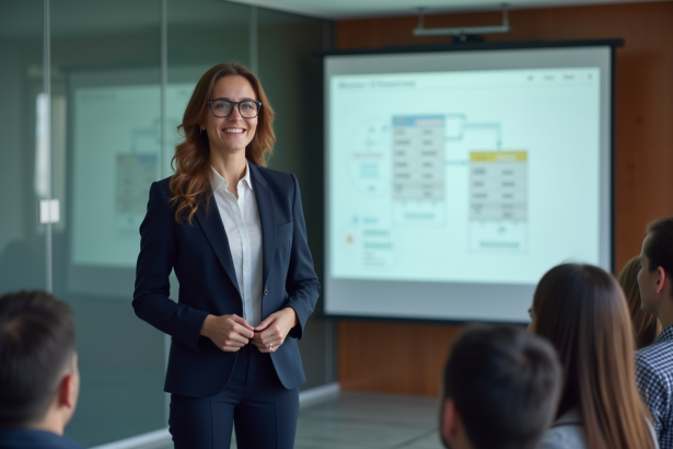 Femme confiante en présentation lors d'une conférence