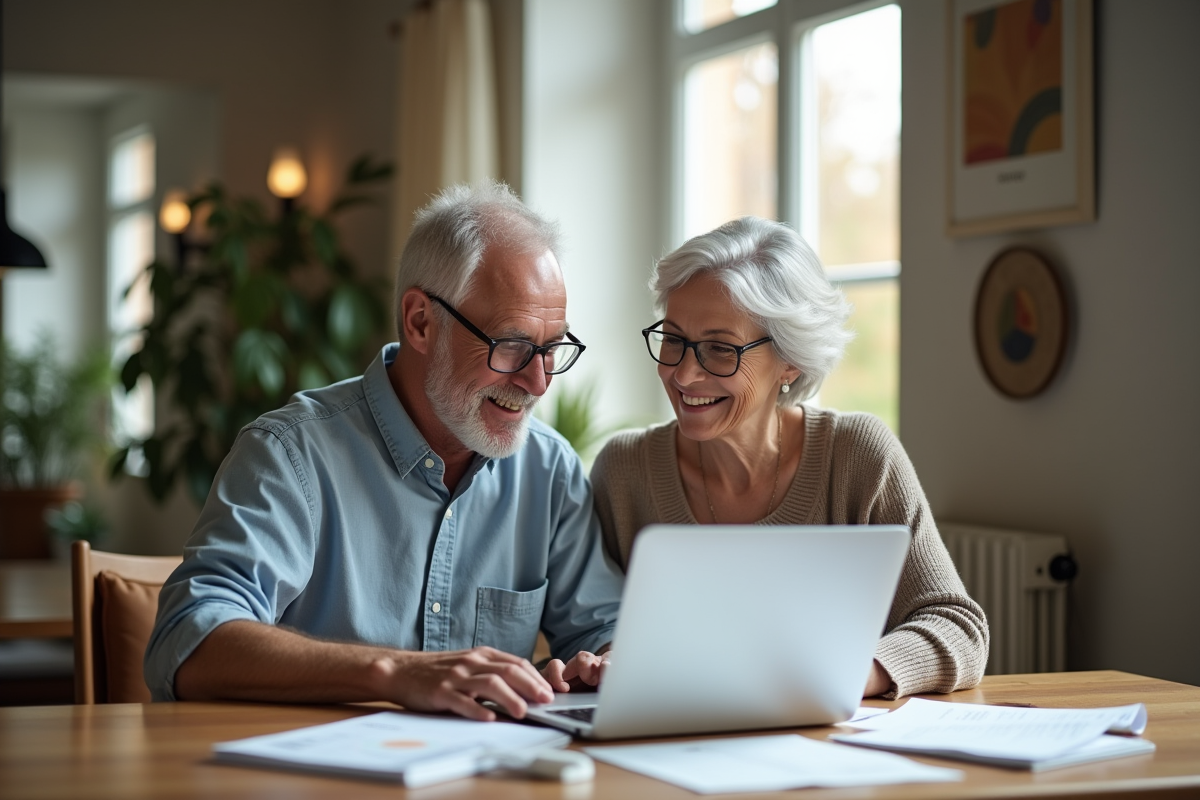 Couple de 55 ans examinant des documents financiers à la maison