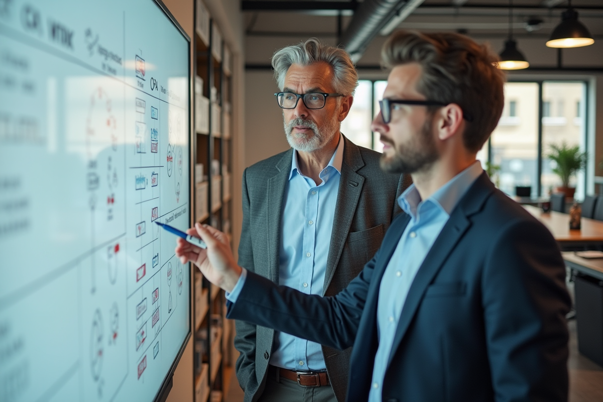 Deux hommes discutant devant tableau blanc en entreprise