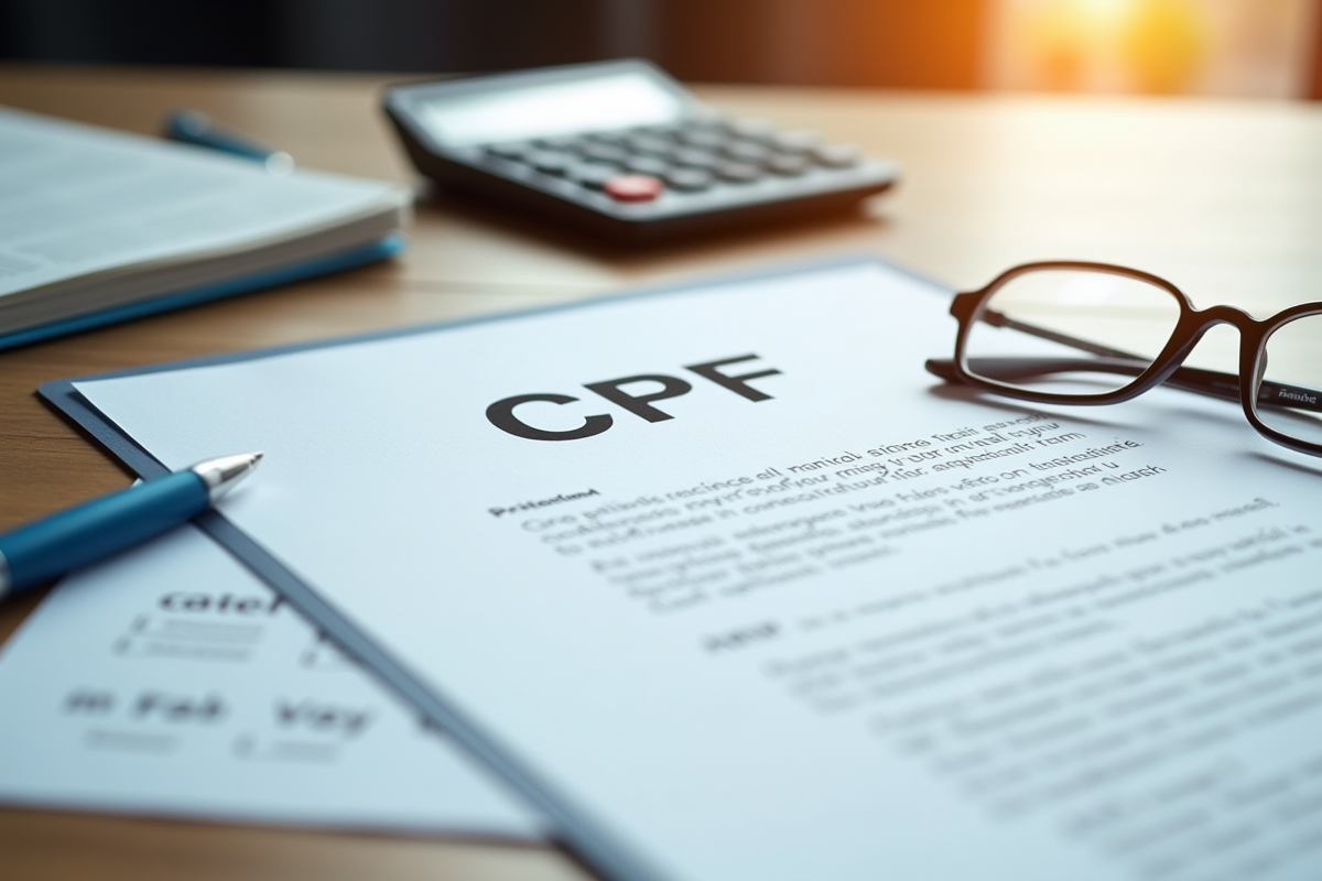 Document CPF avec lunettes et calculatrice sur un bureau lumineux