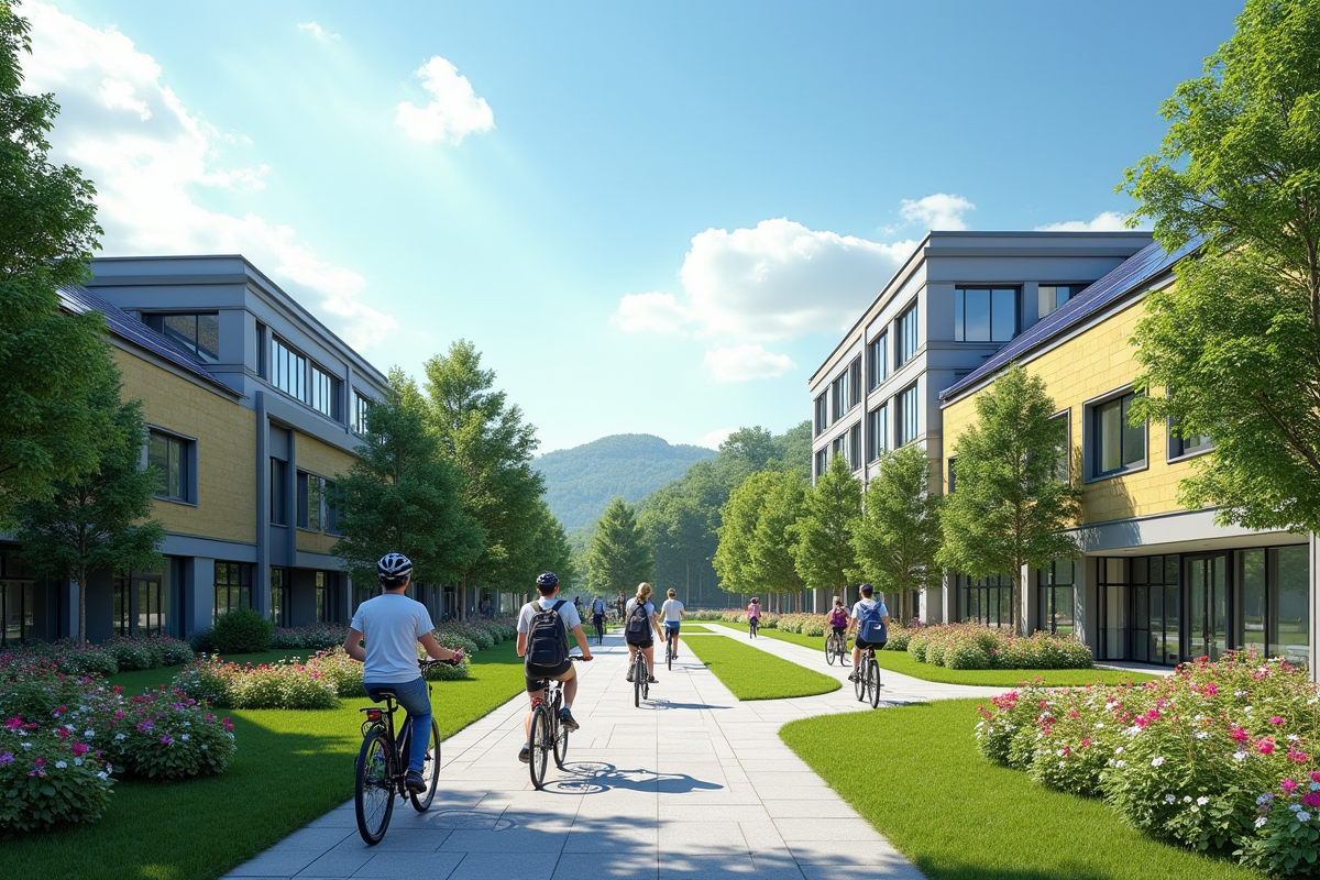 École écologique avec panneaux solaires et étudiants à vélo