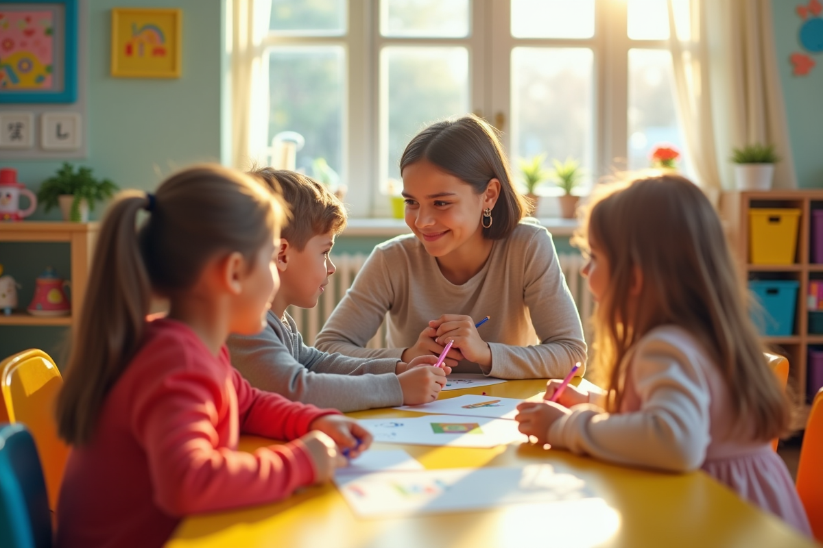 Jeunes enfants autour d'un professeur dans une salle colorée