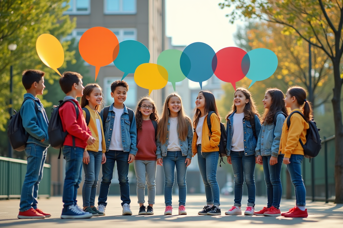 Enfants de divers horizons parlant avec bulles de langues