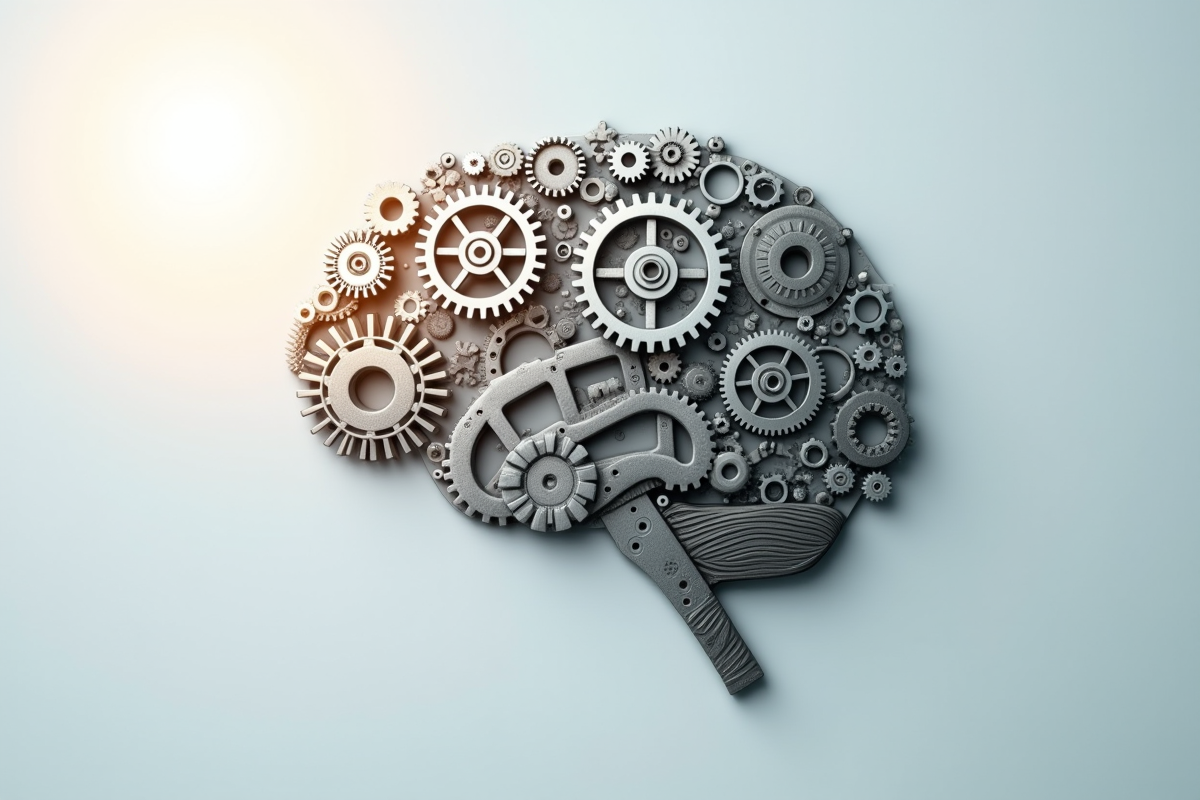 Engrenages formant un cerveau sur une table blanche