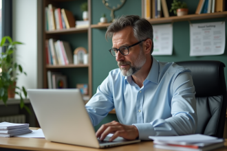 Professeur assis à son bureau dans une classe organisée