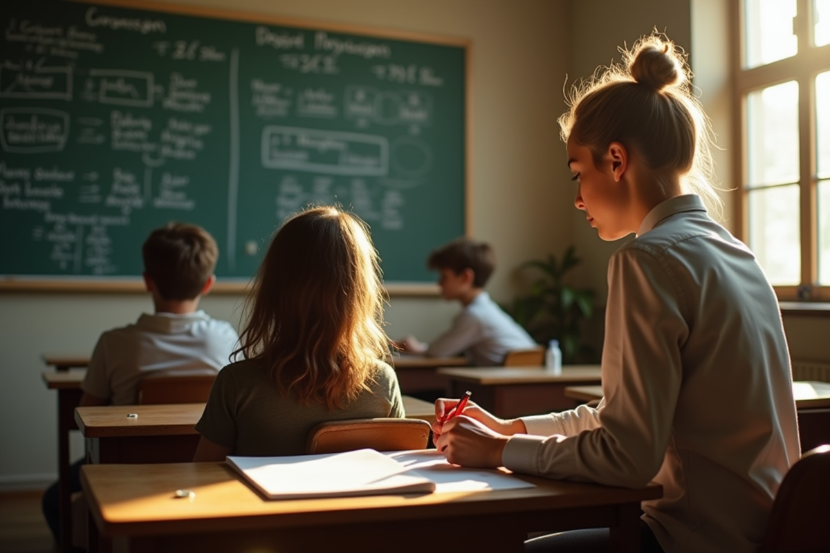 Professeur guidant un élève à un bureau en bois ancien