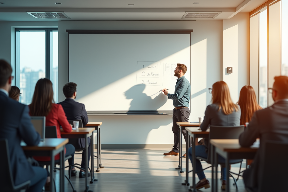 Professeur écrivant trois objectifs clés en classe moderne