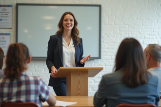 Femme confiante en classe lors d'une présentation pédagogique