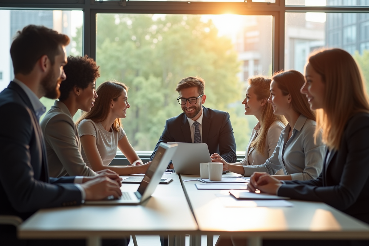 Groupe de professionnels collaborant dans un bureau lumineux