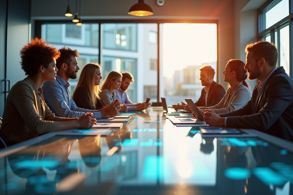 Groupe de professionnels discutant autour d'une table moderne