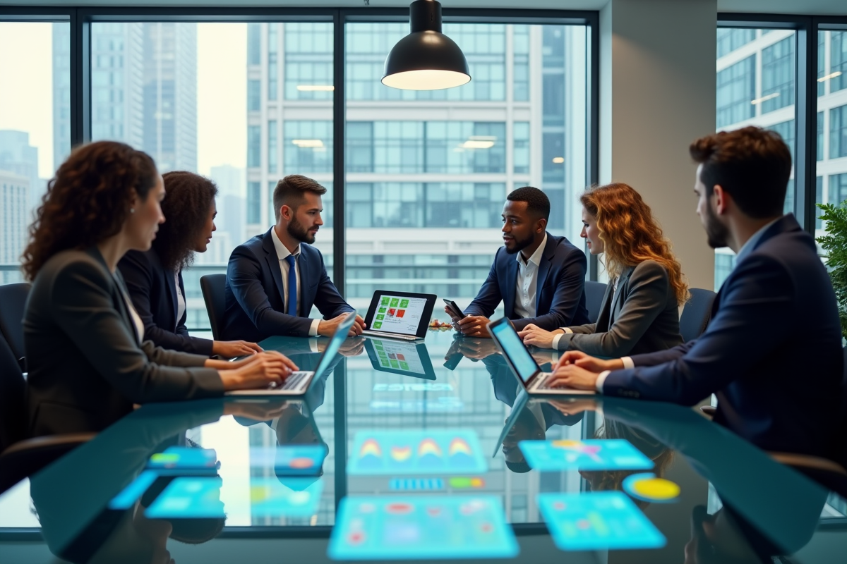 Groupe de professionnels collaborant autour d'une table moderne avec graphiques