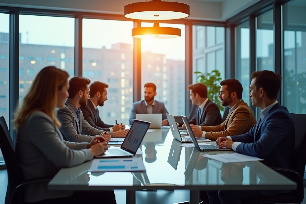 Groupe de professionnels IT travaillant en équipe dans une salle moderne