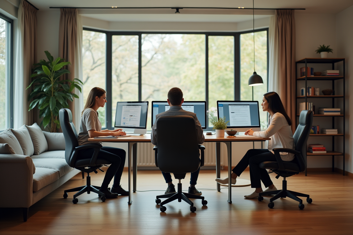Groupe de trois managers en discussion à distance à la maison
