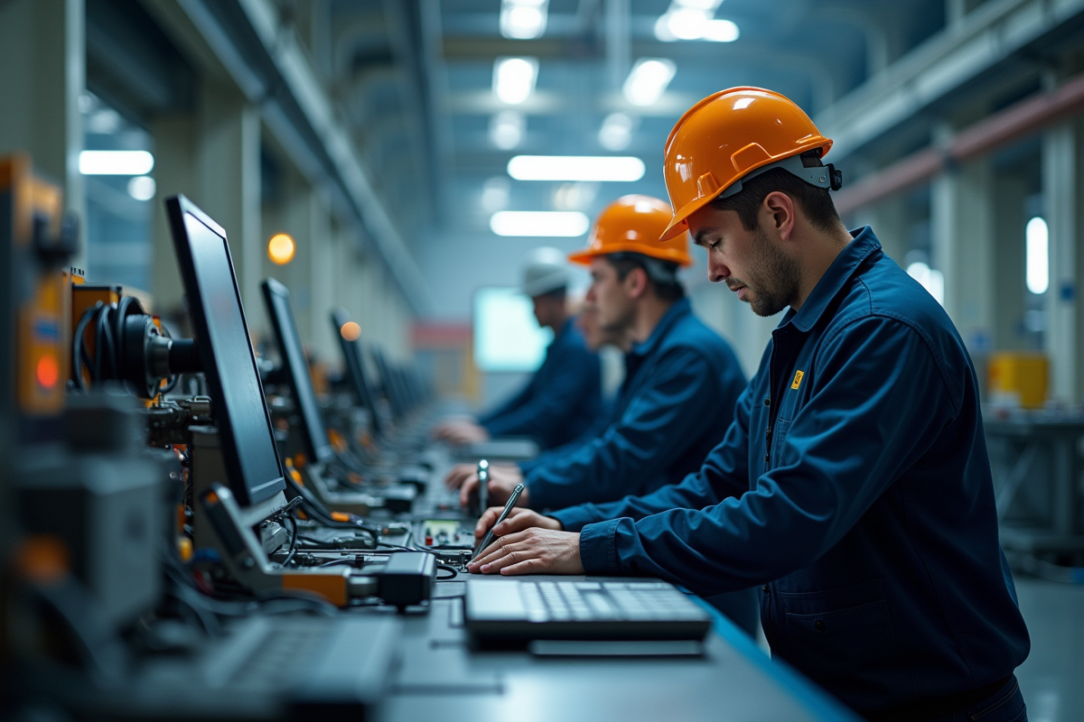 Equipe de travailleurs en sécurité dans une installation industrielle high-tech