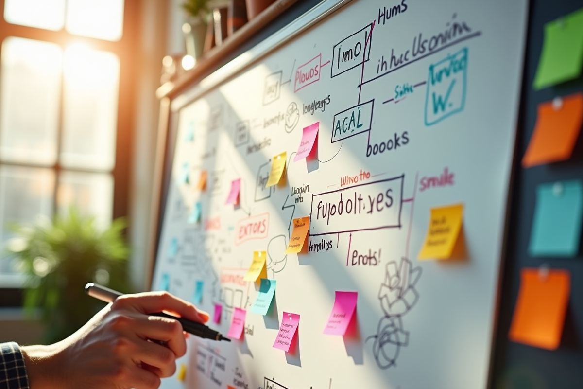 Espace de travail créatif avec tableau blanc et notes colorées
