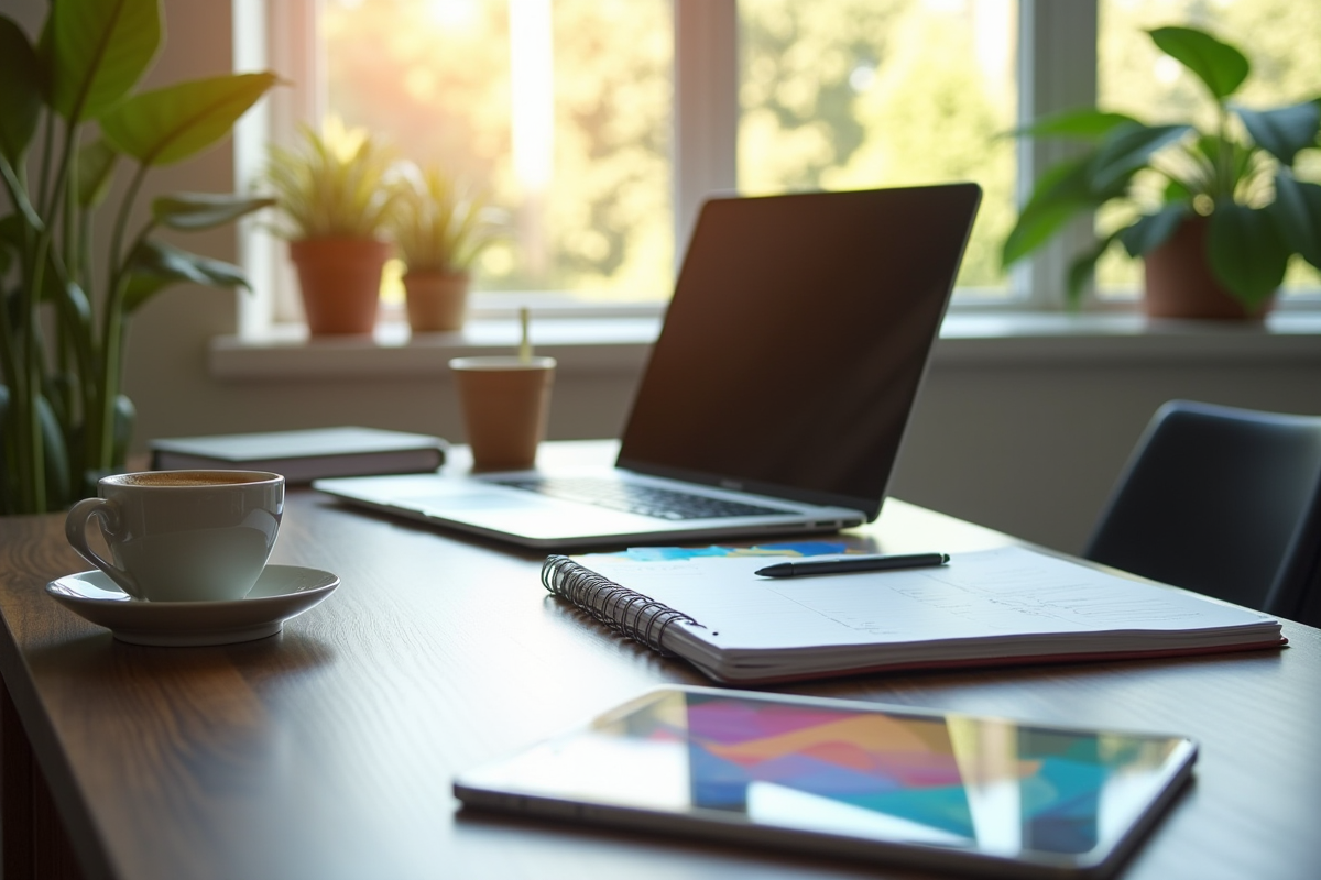 Espace de travail moderne avec ordinateur et plante verte