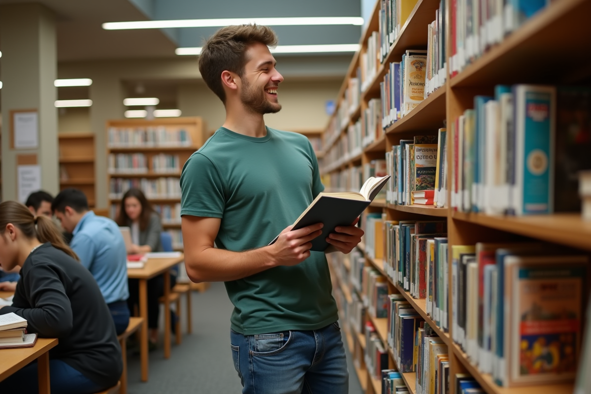 Etudiant en bibliothèque arrangeant des livres
