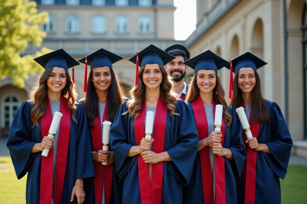 Groupe d'étudiants en graduation devant un bâtiment français