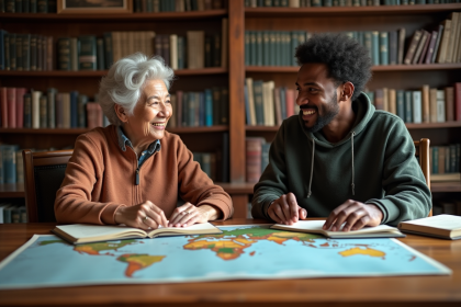 Seniore asiatique et jeune africain discutant autour de livres