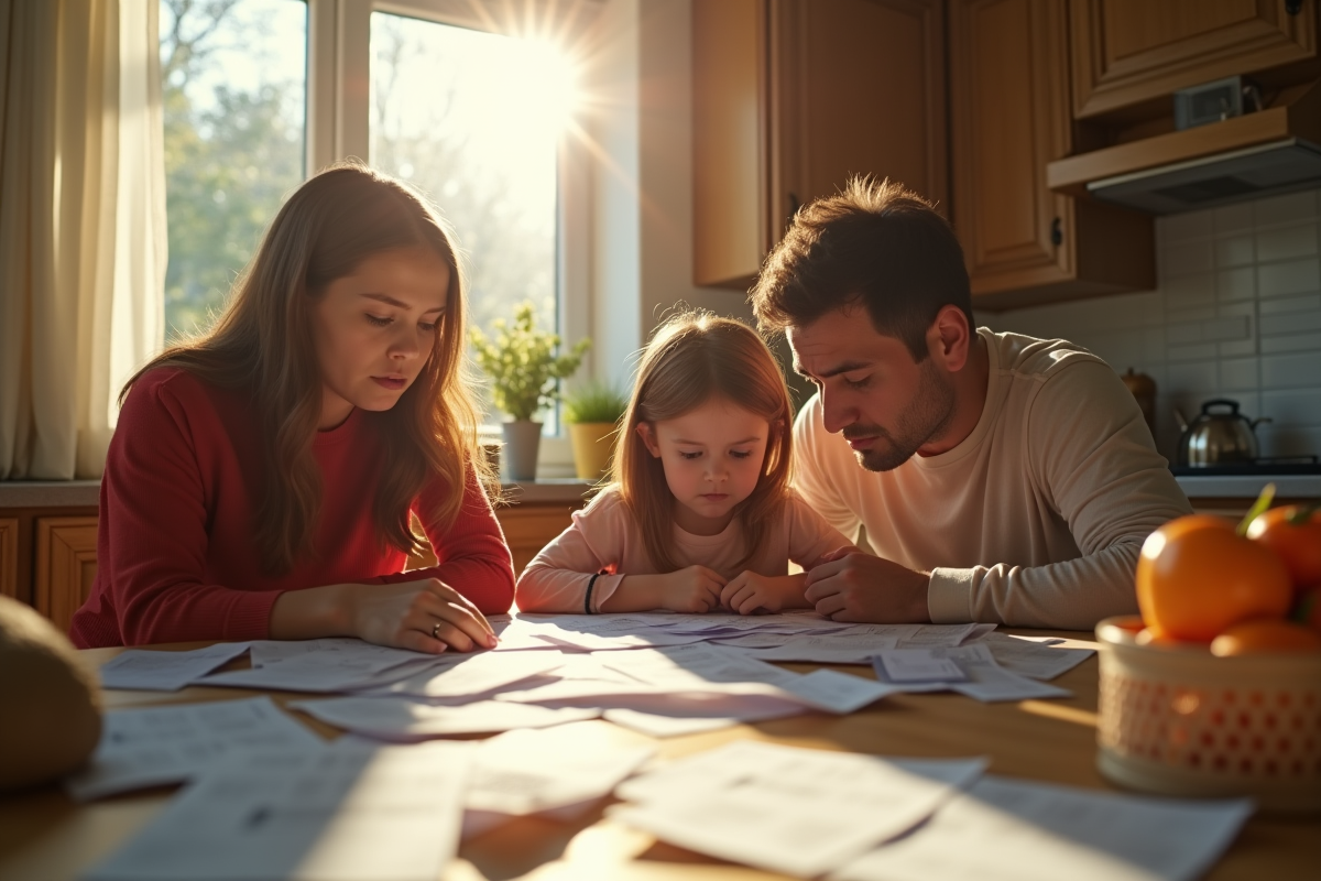 Famille inquiète à la cuisine avec factures et reçus