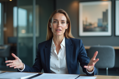Femme d'affaires confiante en blazer navy lors d'une réunion