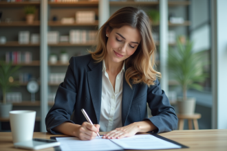 Femme d'affaires confiante signant des documents dans un bureau moderne