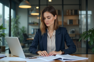 Femme professionnelle travaillant sur un ordinateur dans un bureau moderne