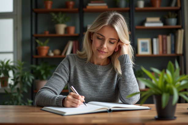Femme d'âge moyen écrivant dans un journal dans un bureau cosy