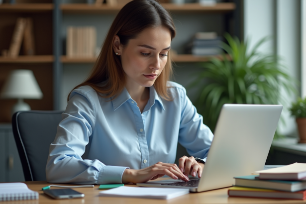 Femme professionnelle concentrée sur son ordinateur dans un bureau organisé