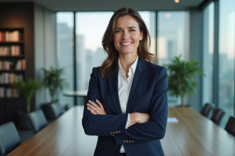 Femme confiante en blazer dans un bureau moderne