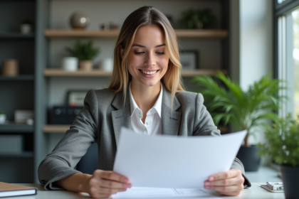 Femme d affaires examinant un contrat dans un bureau moderne
