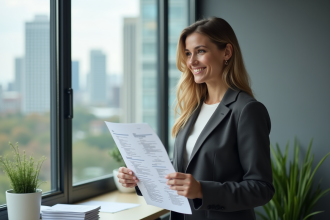 Femme souriante avec un CV dans un bureau moderne
