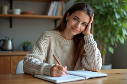 Femme écrivant ses objectifs dans un carnet à la maison