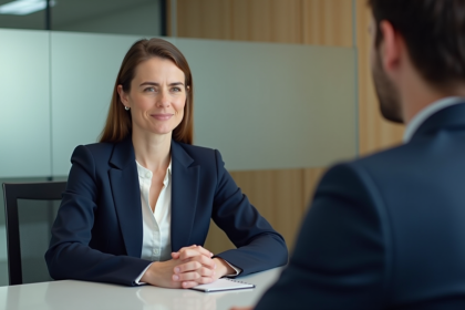 Femme en costume navy lors d'un entretien professionnel