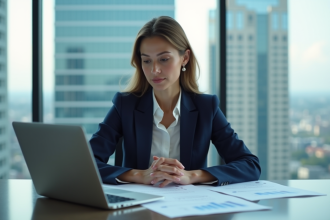 Femme professionnelle en bureau avec vue urbaine