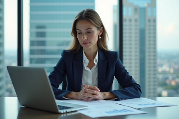 Femme professionnelle en bureau avec vue urbaine