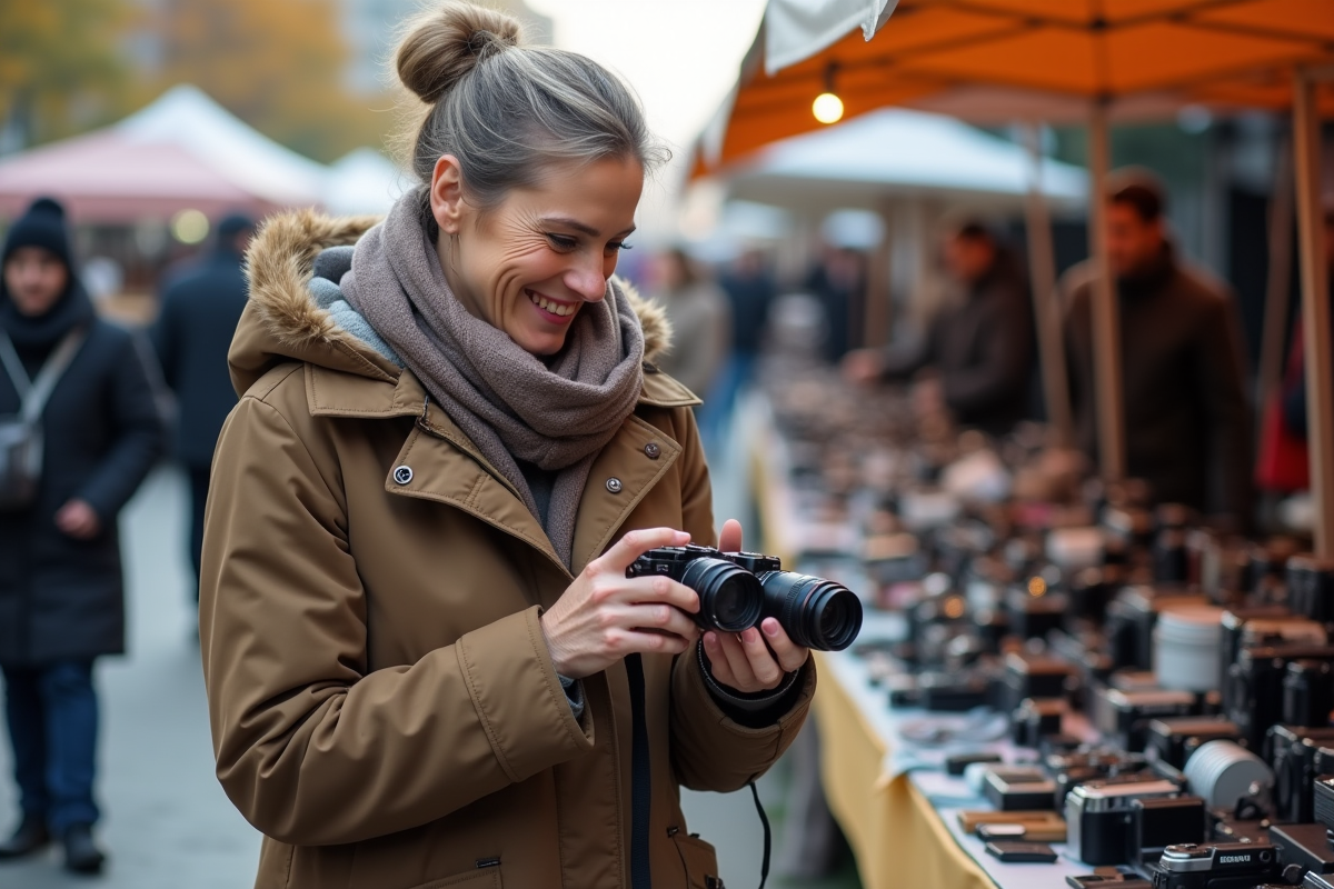 Femme souriante compare appareils photo en marché