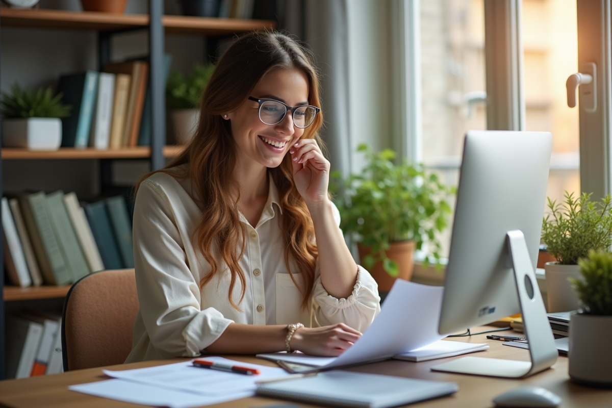 Jeune femme confiante étudiant formation en ligne à la maison